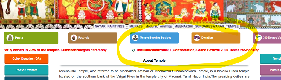 Official Meenakshi Temple homepage showing the Kumbabishekam 2026 ticket pre-booking link